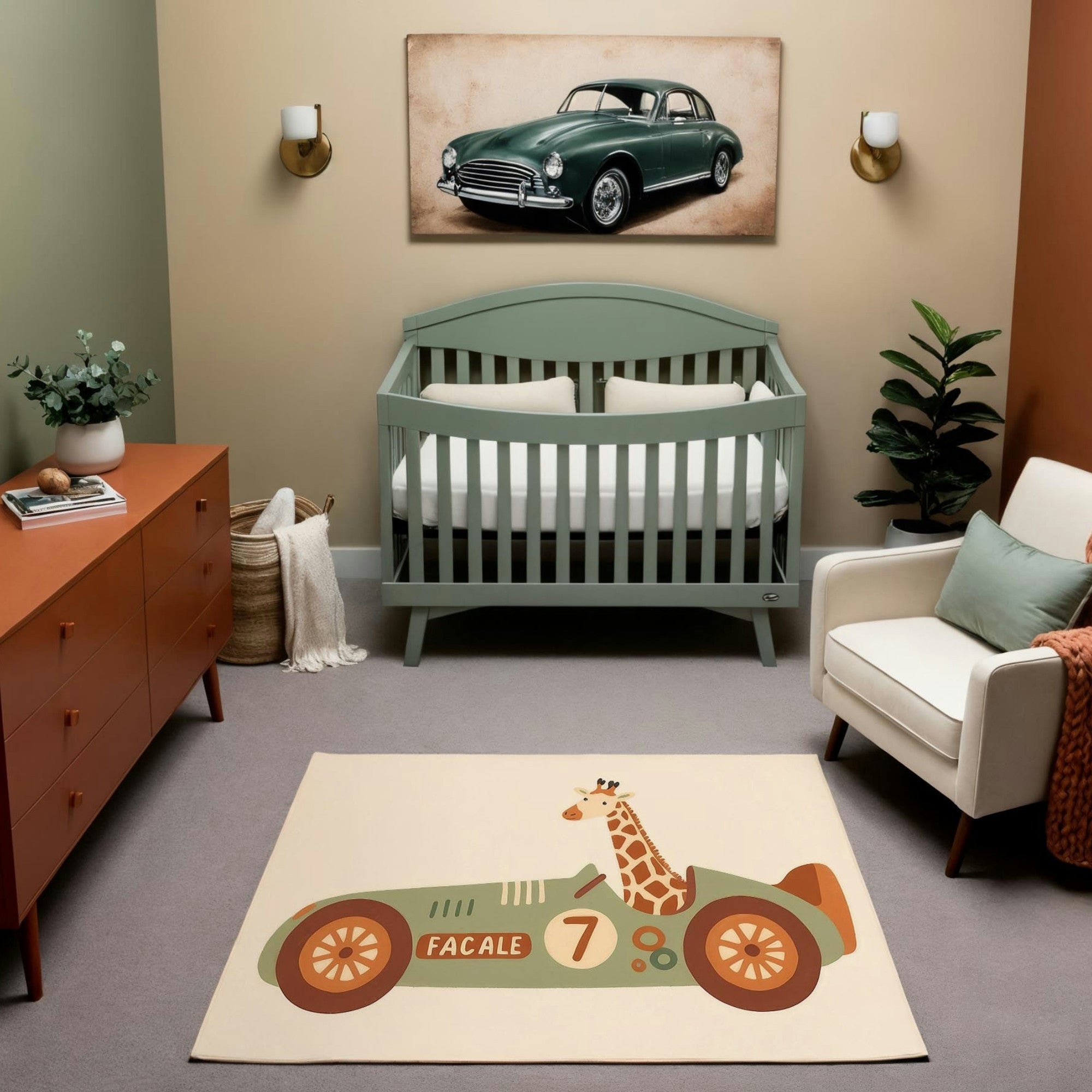 A charming nursery featuring a muted green crib with neutral bedding, paired with a sleek mid-century style wooden dresser. The room showcases a playful area rug depicting a cartoon giraffe driving a vintage-style race car labeled “7” with the name “Facale.” Above the crib hangs an art piece of a classic green car, complementing the room’s soft green and terracotta accents. A white armchair with a rust-orange throw blanket adds a cozy touch to the space.