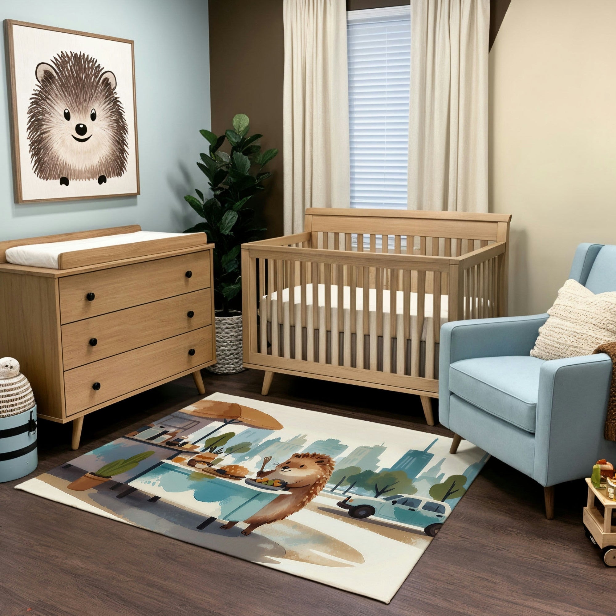 A charming nursery with a natural wood crib, matching dresser with a changing pad, and a light blue armchair accented with a cream knit pillow. The decor includes an adorable framed hedgehog illustration, cream curtains, and a green potted plant. A playful area rug depicts a hedgehog cooking and serving food at an outdoor stall in a city park, adding a whimsical and lively touch to the room.