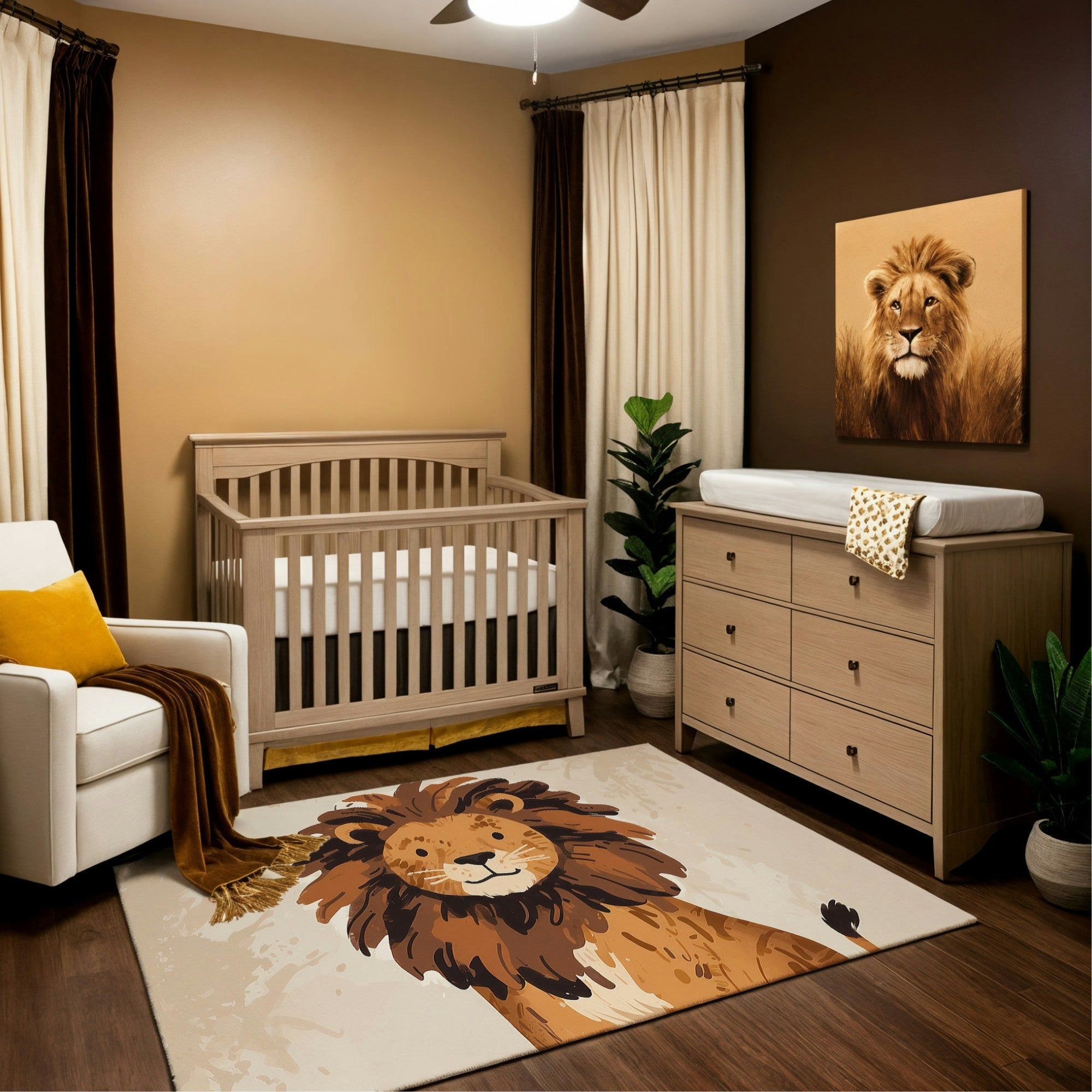 A safari-themed nursery with a warm color palette featuring a natural wood crib, a matching dresser with a changing pad, and a white armchair with a mustard-yellow pillow and brown throw blanket. The room is decorated with a lion portrait on the wall and a rug showcasing a cheerful illustrated lion. Dark brown and cream curtains, along with green plants, enhance the cozy yet adventurous vibe.