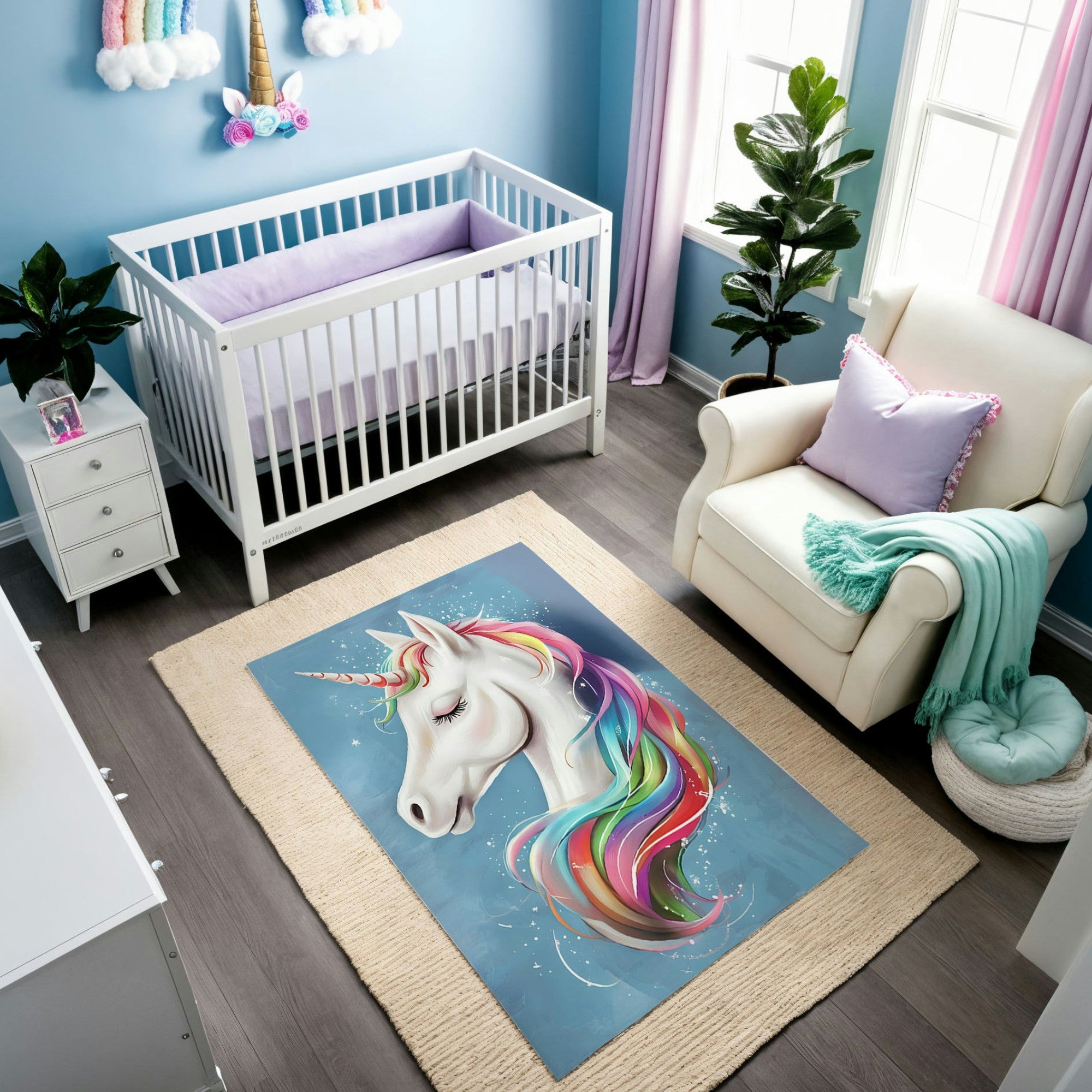 A pastel-themed nursery with light blue walls, a white crib with a lavender mattress, and a cozy armchair with a lavender pillow and mint green throw. The decor includes a whimsical rug featuring a white unicorn with a vibrant rainbow mane and sparkling accents against a blue background. Unicorn-themed wall decor and potted plants add a magical and playful atmosphere.