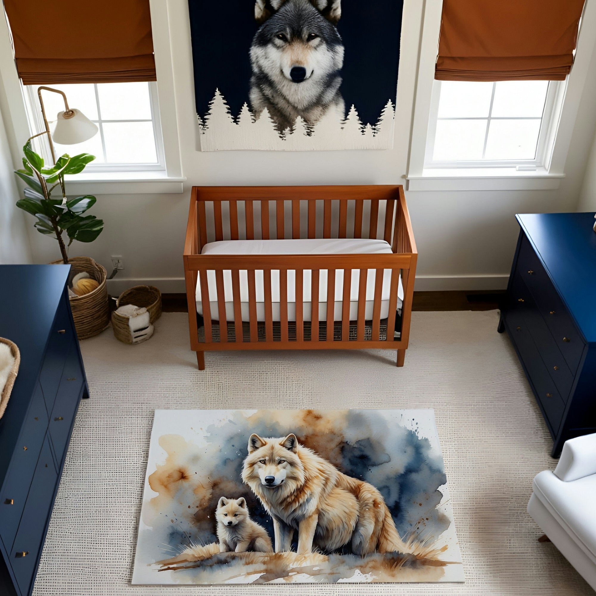 This nursery features a watercolor-style rug illustrating a regal wolf with a fluffy coat sitting protectively beside its playful pup. The artwork incorporates earthy and blue tones, creating a serene, forest-like ambiance. The room is styled with natural wood furniture, complementing the wolf motif.