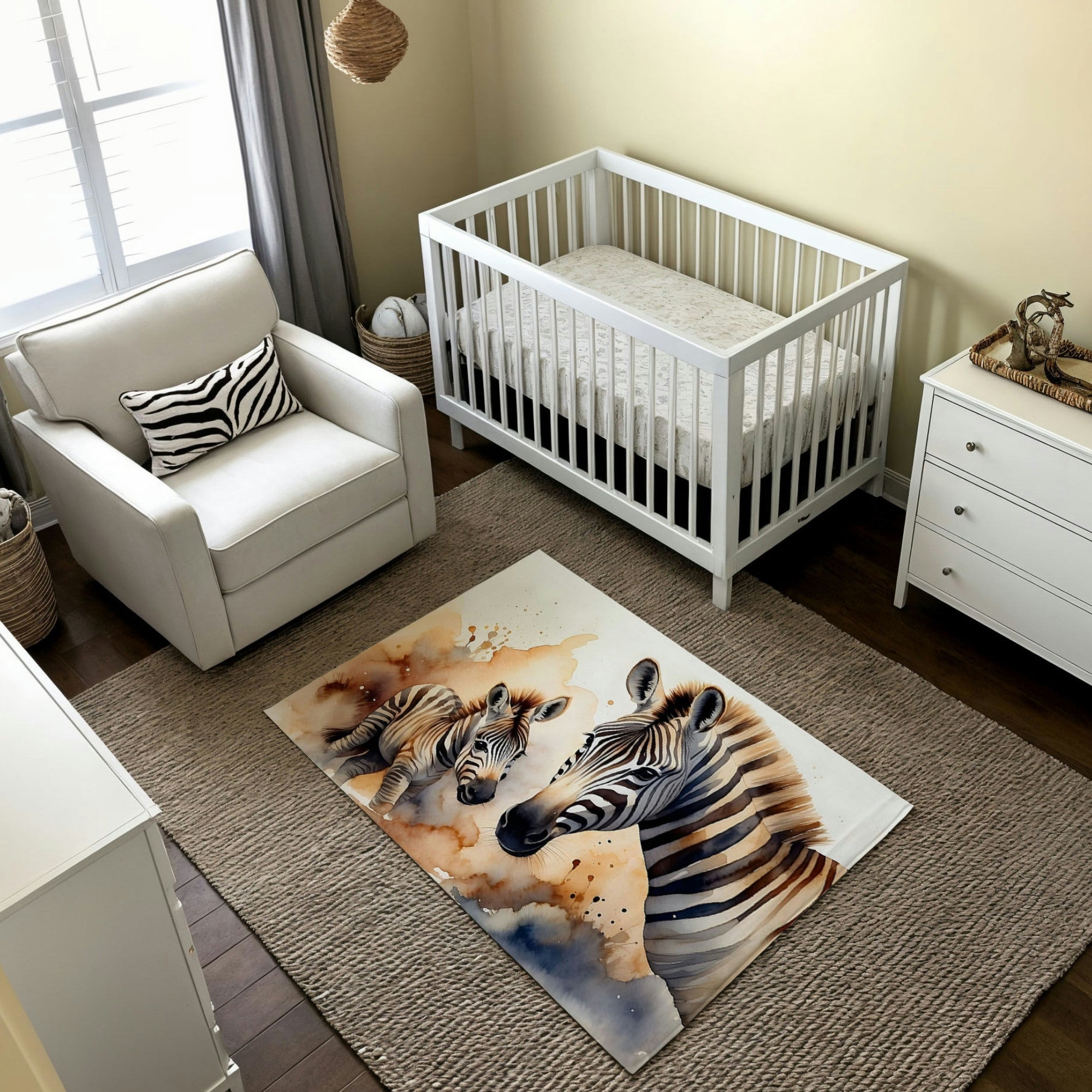 A sophisticated nursery featuring a white crib and dresser set against soft yellow walls, with natural wicker and wood accents for a serene aesthetic. The room includes a white armchair with a zebra-patterned pillow, light gray curtains, and a large neutral rug. The centerpiece is a vibrant rug with a watercolor-style illustration of a zebra and its foal, blending warm earth tones and blues for a striking and artistic focal point.