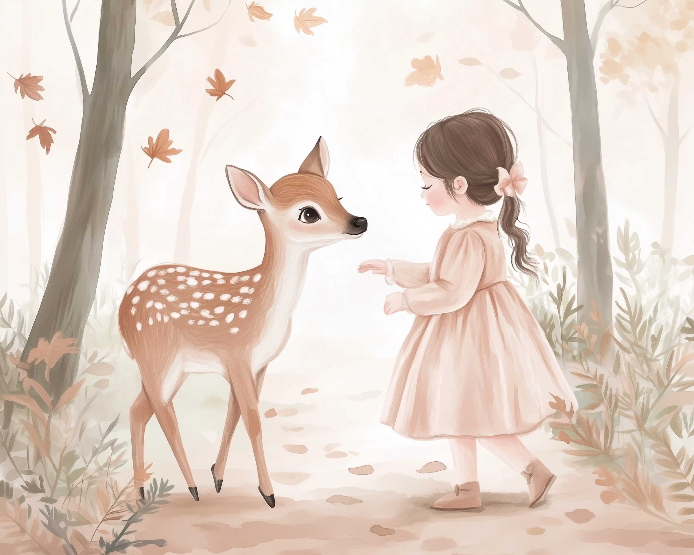 A young girl in a soft pink dress reaches out gently toward a spotted fawn in a quiet, pastel-hued forest. Autumn leaves float around them as they share a peaceful moment surrounded by trees and delicate foliage.