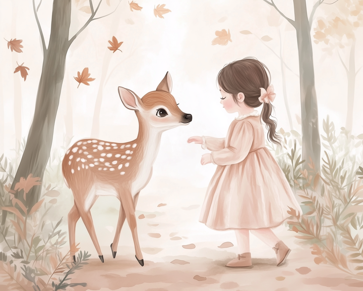 A young girl in a soft pink dress reaches out gently toward a spotted fawn in a quiet, pastel-hued forest. Autumn leaves float around them as they share a peaceful moment surrounded by trees and delicate foliage.