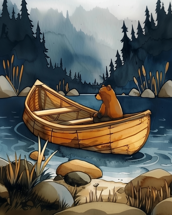 A lone bear sits peacefully in a wooden rowboat floating on a calm lake, surrounded by rocky shores, cattails, and pine-covered hills. Misty mountains rise in the background, adding to the tranquil, reflective mood of the forest scene.