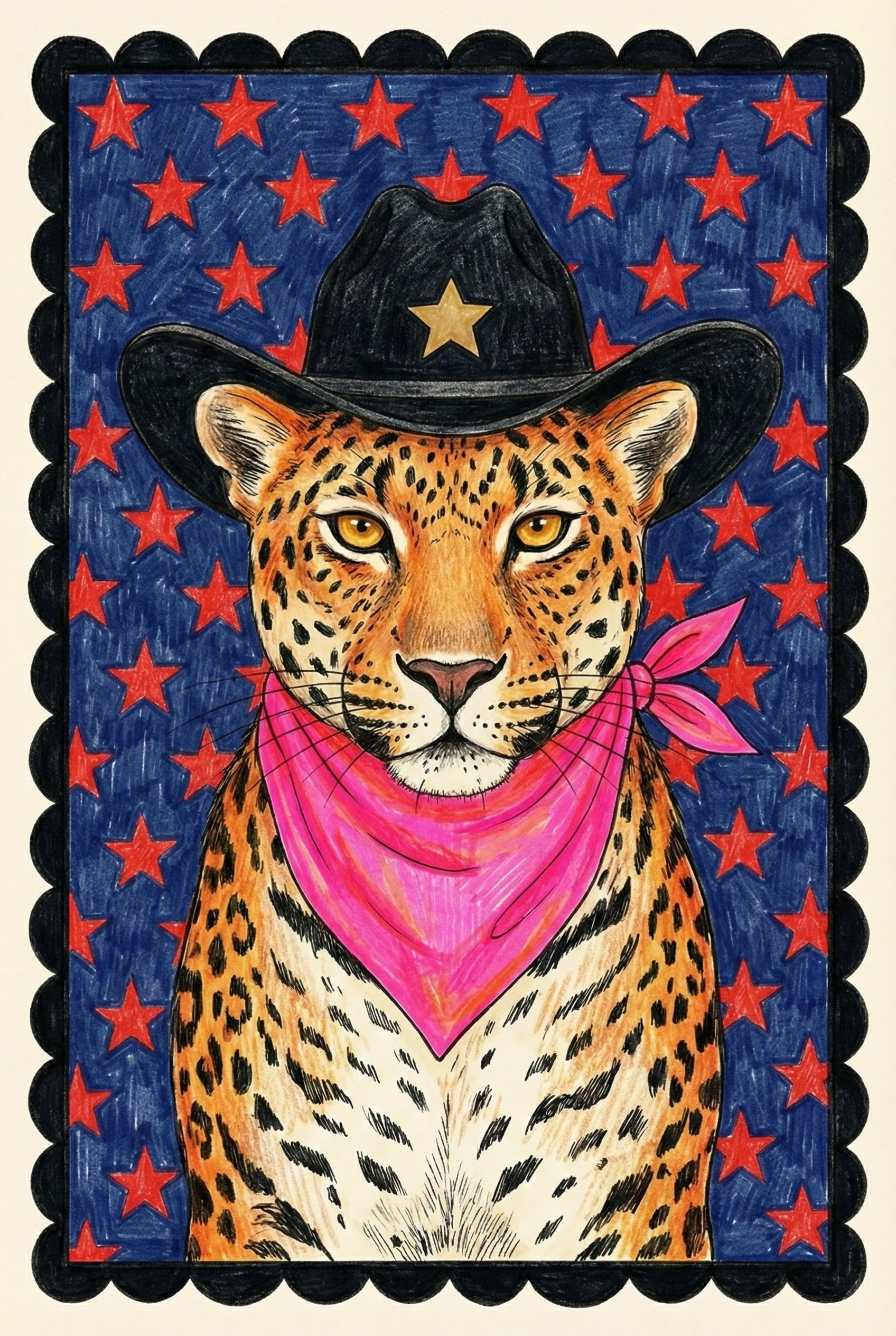 Bold illustration of a leopard wearing a black cowboy hat with a gold star and a bright pink bandana. The background is filled with red stars on a dark blue crayon-textured backdrop, framed by a thick black scalloped border for a dramatic Western flair.