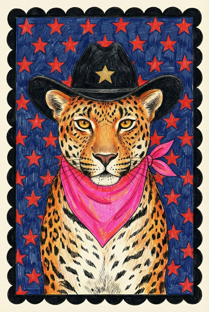 Bold illustration of a leopard wearing a black cowboy hat with a gold star and a bright pink bandana. The background is filled with red stars on a dark blue crayon-textured backdrop, framed by a thick black scalloped border for a dramatic Western flair.