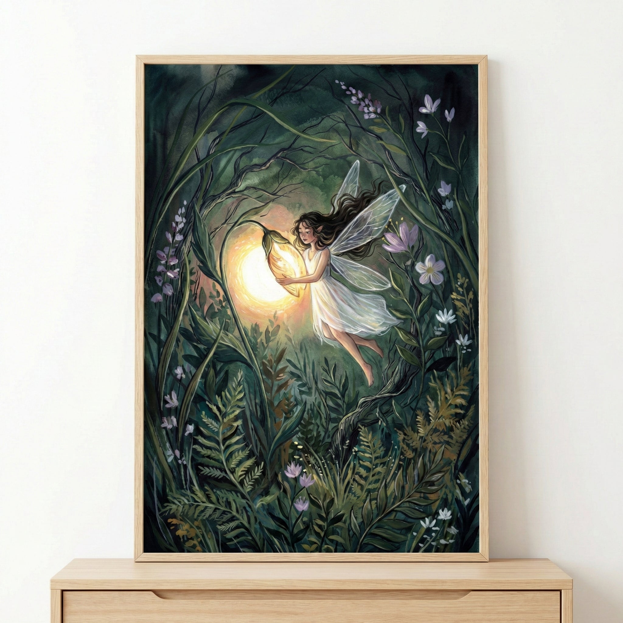 A framed watercolor illustration showing a fairy floating in a lush, enchanted forest, gently holding a glowing lantern shaped like a flower. Deep green foliage, delicate wildflowers, and winding branches surround her, while the warm golden light creates a soft, magical contrast against the dark forest tones.