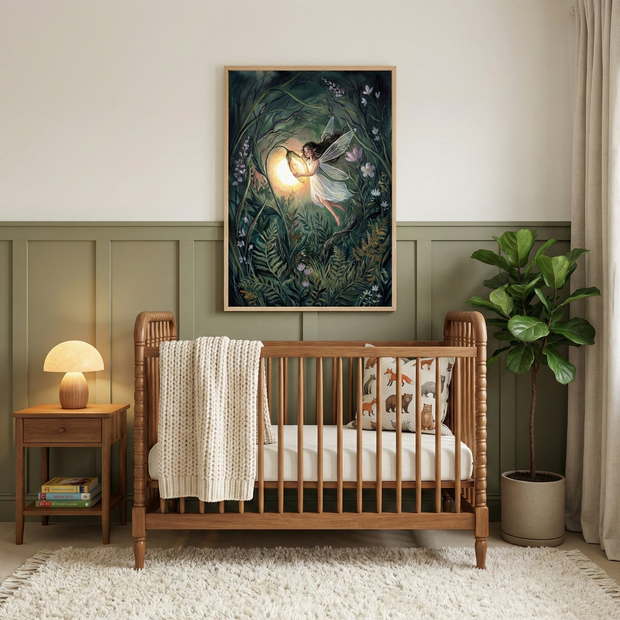 A cozy nursery with sage green wainscoted walls and warm wooden furniture, featuring a framed watercolor artwork above the crib. The artwork shows a fairy floating through a dark green forest, holding a glowing lantern that casts a soft golden light over leaves and wildflowers. Below it sits a wooden crib with neutral bedding, a knitted throw draped over the rail, a small bedside table with a softly glowing lamp, and a leafy potted plant, creating a calm, storybook-inspired atmosphere.