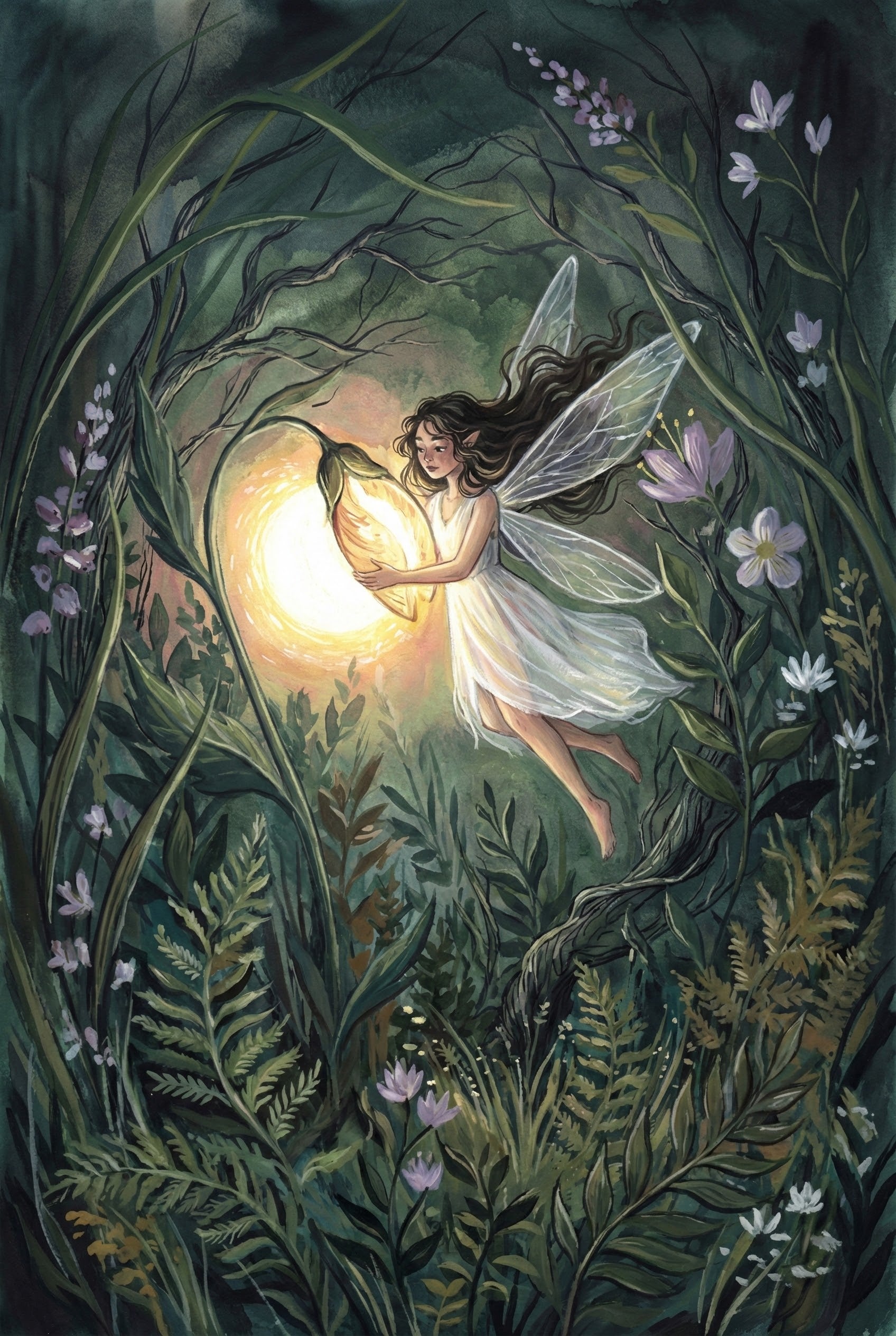 Whimsical watercolor illustration of a fairy in a flowing white dress and delicate wings, gently floating in a lush forest. She embraces a glowing, golden flower that radiates warm light, illuminating the surrounding ferns and wildflowers. Her dark hair flows behind her as she hovers midair, creating a magical, serene scene filled with natural beauty and enchantment.