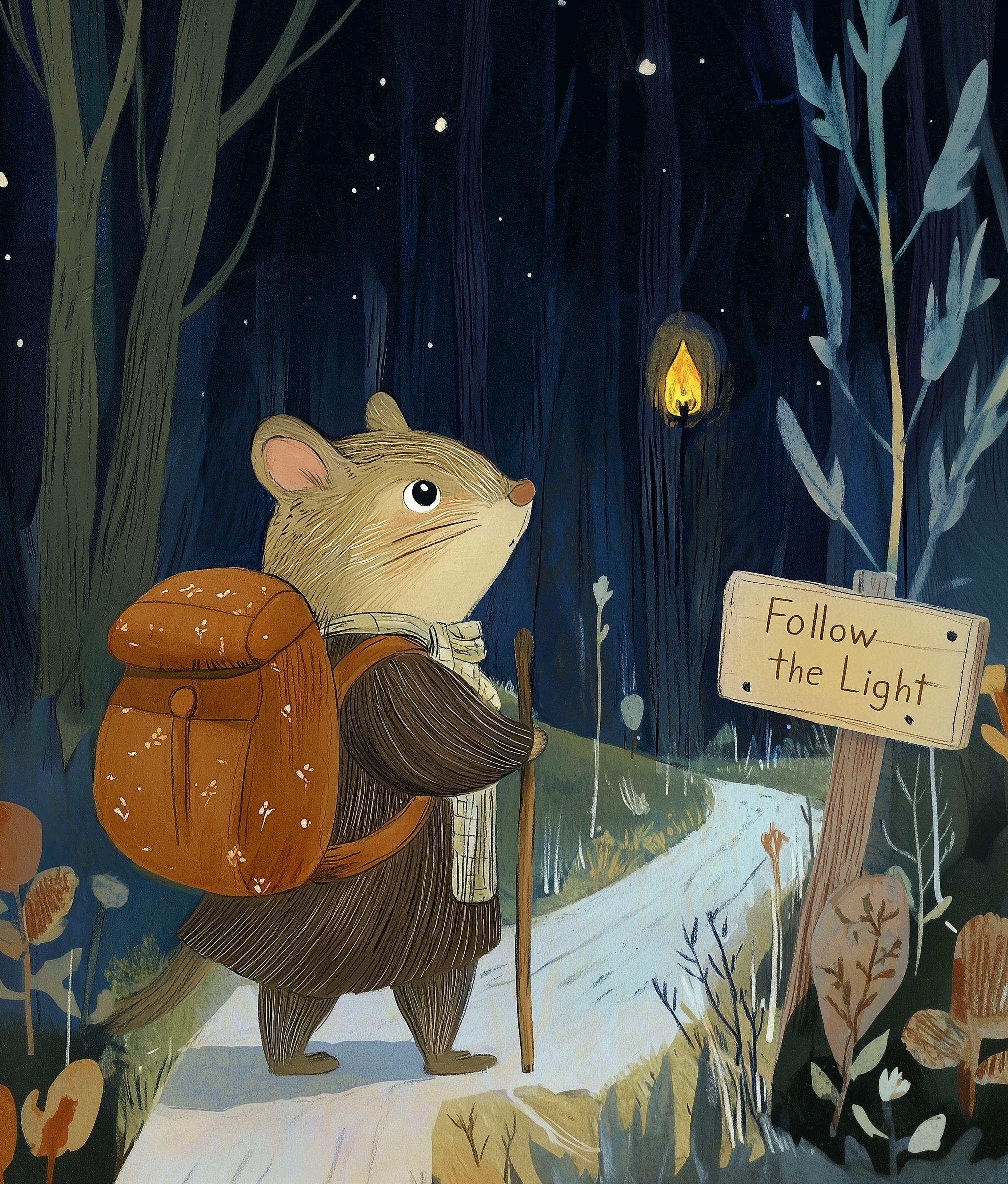 A small mouse wearing a coat and scarf walks through a dark forest at night, carrying a walking stick and a large orange backpack. The mouse looks ahead toward a glowing light and a wooden sign that reads "Follow the Light," creating a sense of adventure and quiet determination.