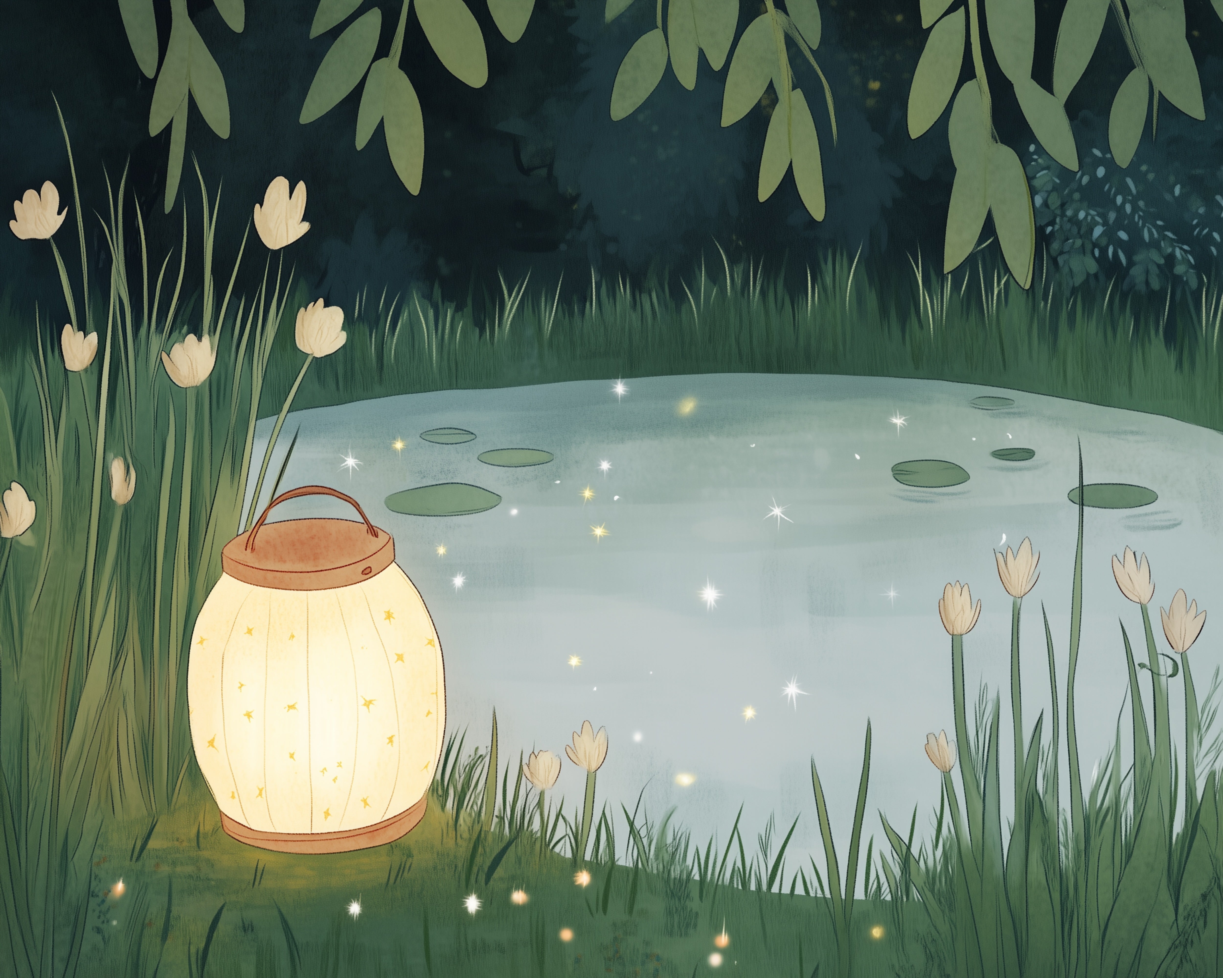 Forest Pond Wildflower Wall Art for Nursery, Playroom or Kids Bedrooms - Magical Lantern Lake - Lightkeeper’s Glow