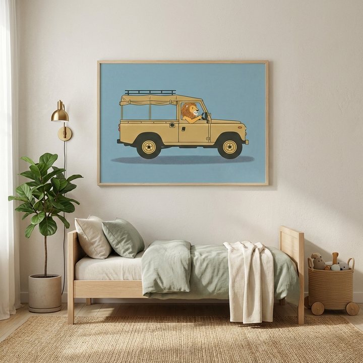 Scandinavian whimsical lion driving a yellow car vehicle wall art hanging above a light wood bed in a cozy kid's bedroom.