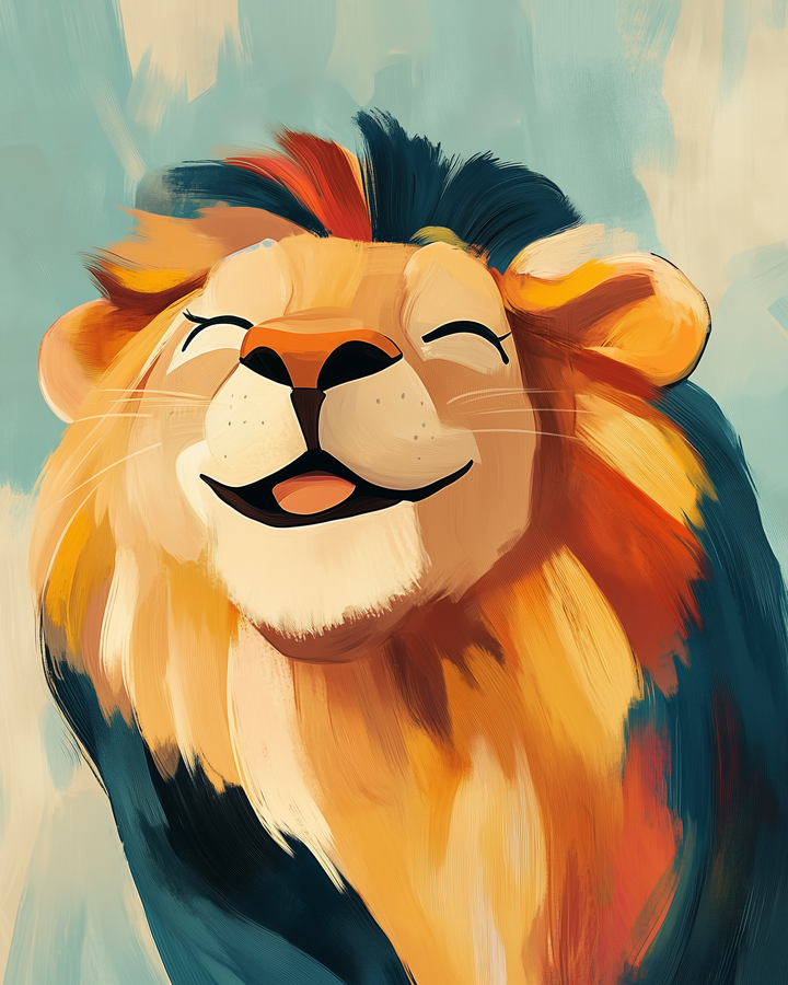A vibrant close-up painting of a lion with a multicolored mane smiling joyfully with eyes closed. The bold brushstrokes and warm color palette add a lively, expressive tone.