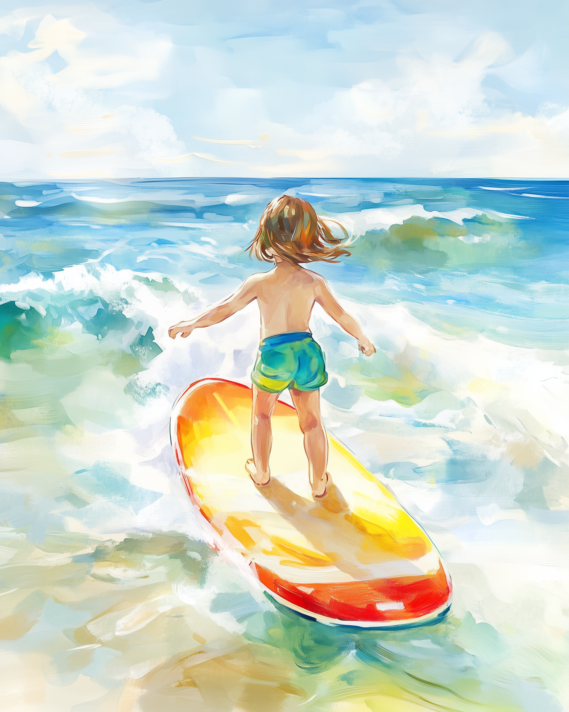 A young child with shoulder-length hair rides a wave on a bright yellow and red surfboard, arms outstretched for balance. The clear turquoise water sparkles under a sunny sky, capturing a joyful moment of surfing at the beach.