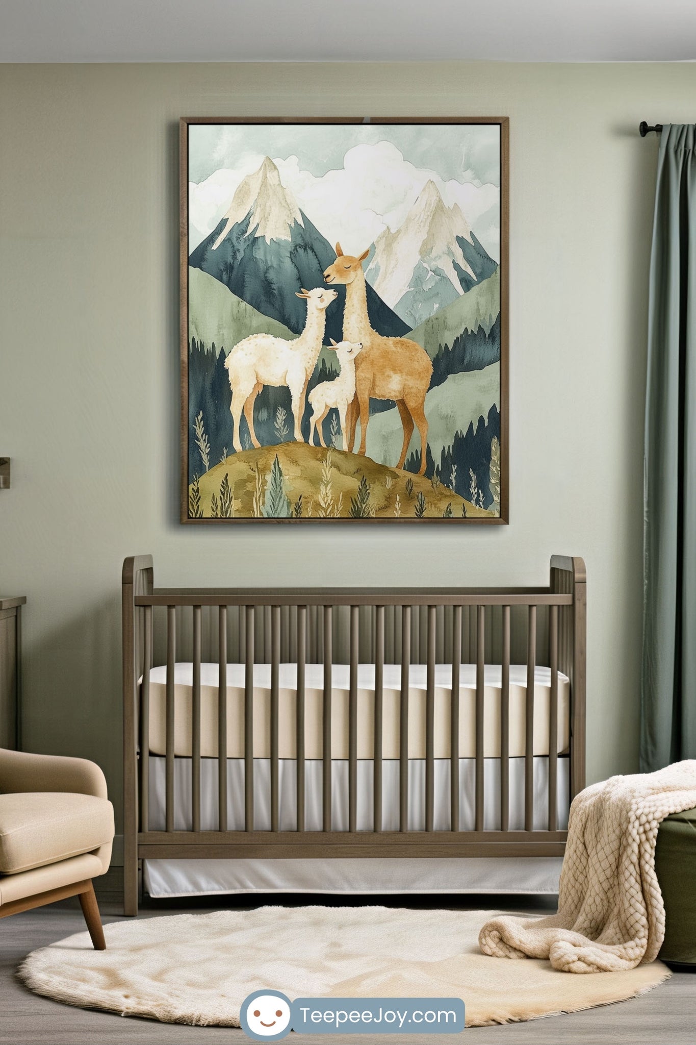 Neutral-toned nursery with a wooden crib beneath a large wall art featuring three llamas with two adults and a baby standing on a grassy hill with stylized mountain scenery in the background. The room includes soft earth tones, a cozy armchair, a plush cream rug, and a chunky knit blanket, creating a warm, serene vibe.