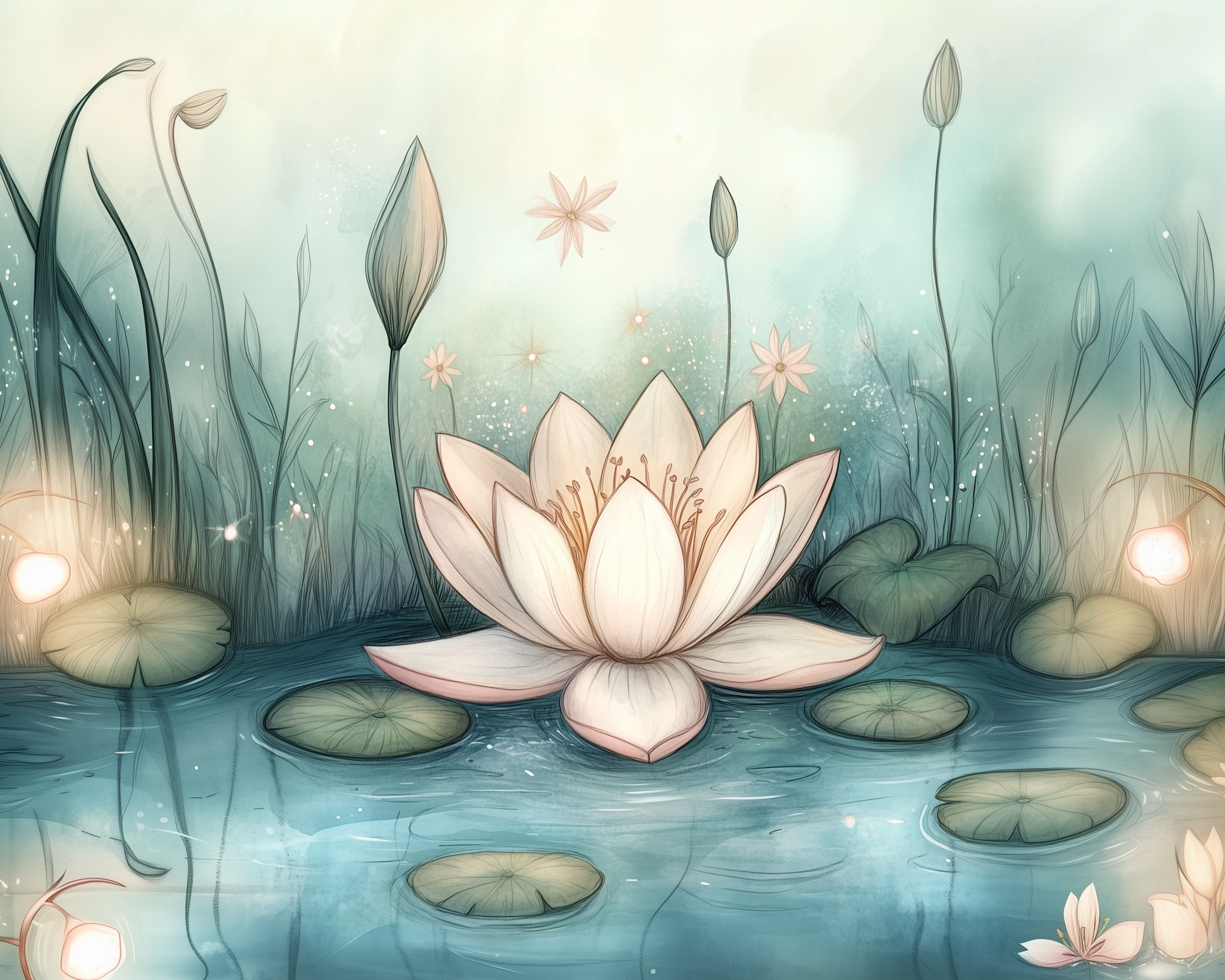 A soft pink lotus flower blooms at the center of a tranquil pond surrounded by lily pads, glowing orbs, and tall grass in a dreamy, pastel-toned setting. Sparkles and delicate buds fill the misty background, enhancing the serene, magical mood.