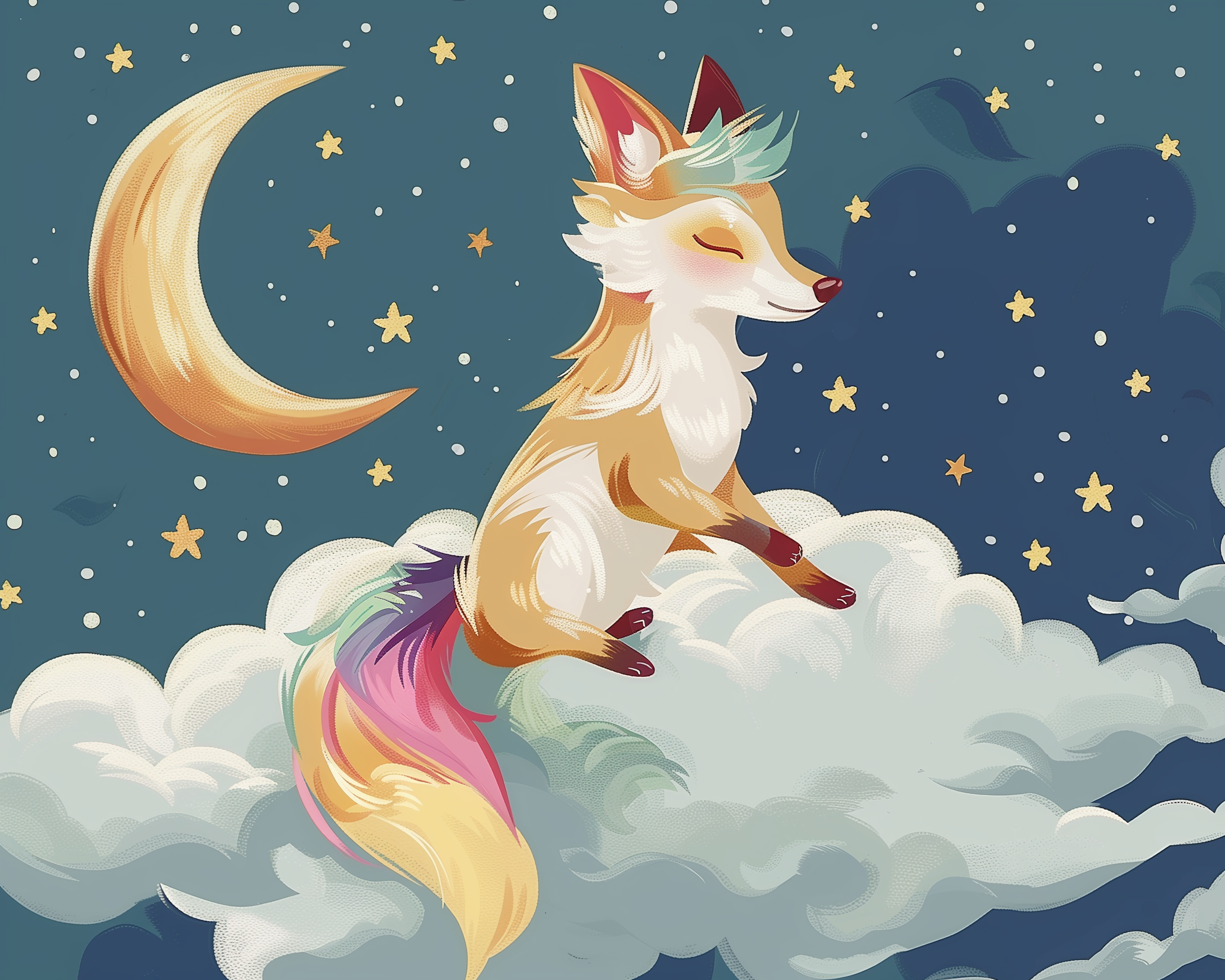 Whimsical illustration of a fox with a rainbow-colored tail and a tuft of mint-green hair sitting peacefully on a fluffy cloud. The night sky is filled with stars and a glowing crescent moon, creating a dreamy, magical atmosphere.