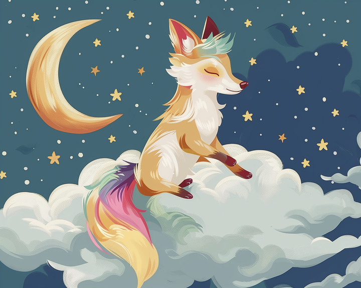 Whimsical illustration of a fox with a rainbow-colored tail and a tuft of mint-green hair sitting peacefully on a fluffy cloud. The night sky is filled with stars and a glowing crescent moon, creating a dreamy, magical atmosphere.