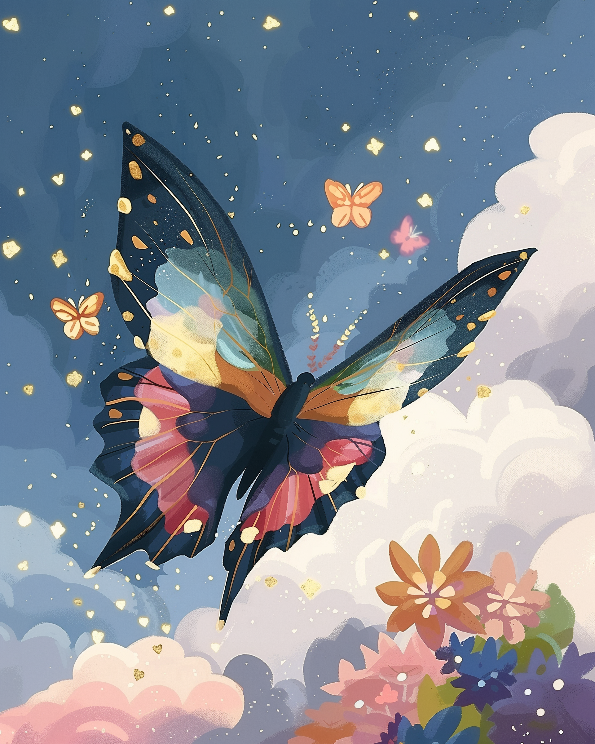 Large, vibrant butterfly with dark wings accented by yellow, pink, and blue patterns soars through a dreamy sky filled with soft clouds, golden sparkles, and smaller butterflies. Below, colorful flowers bloom, adding to the whimsical, magical atmosphere.