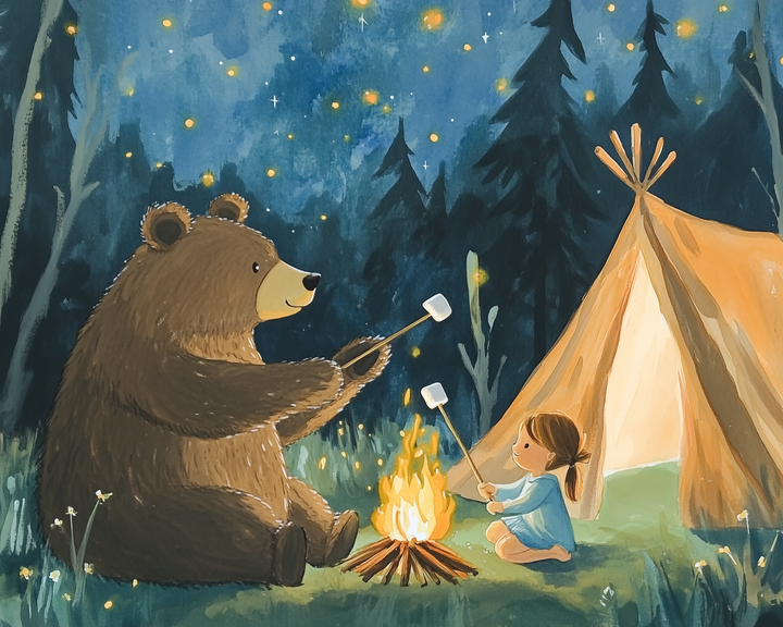 Whimsical illustration of a friendly bear and a young girl roasting marshmallows over a campfire in a forest clearing, with a glowing tent nearby and stars twinkling in the night sky. The cozy scene captures a magical moment of camping under the stars.