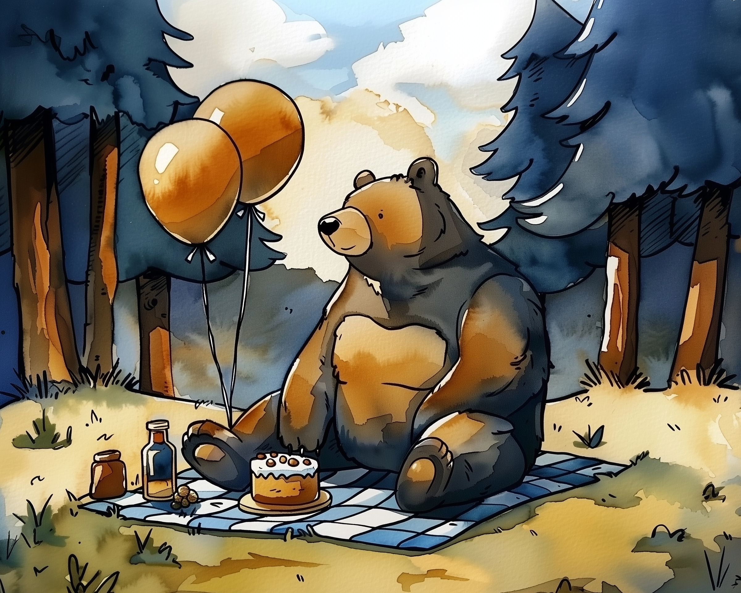 Illustrated bear sitting on a checkered blanket in a forest clearing with balloons, a cake, and jars of food around it, suggesting a whimsical picnic celebration.

