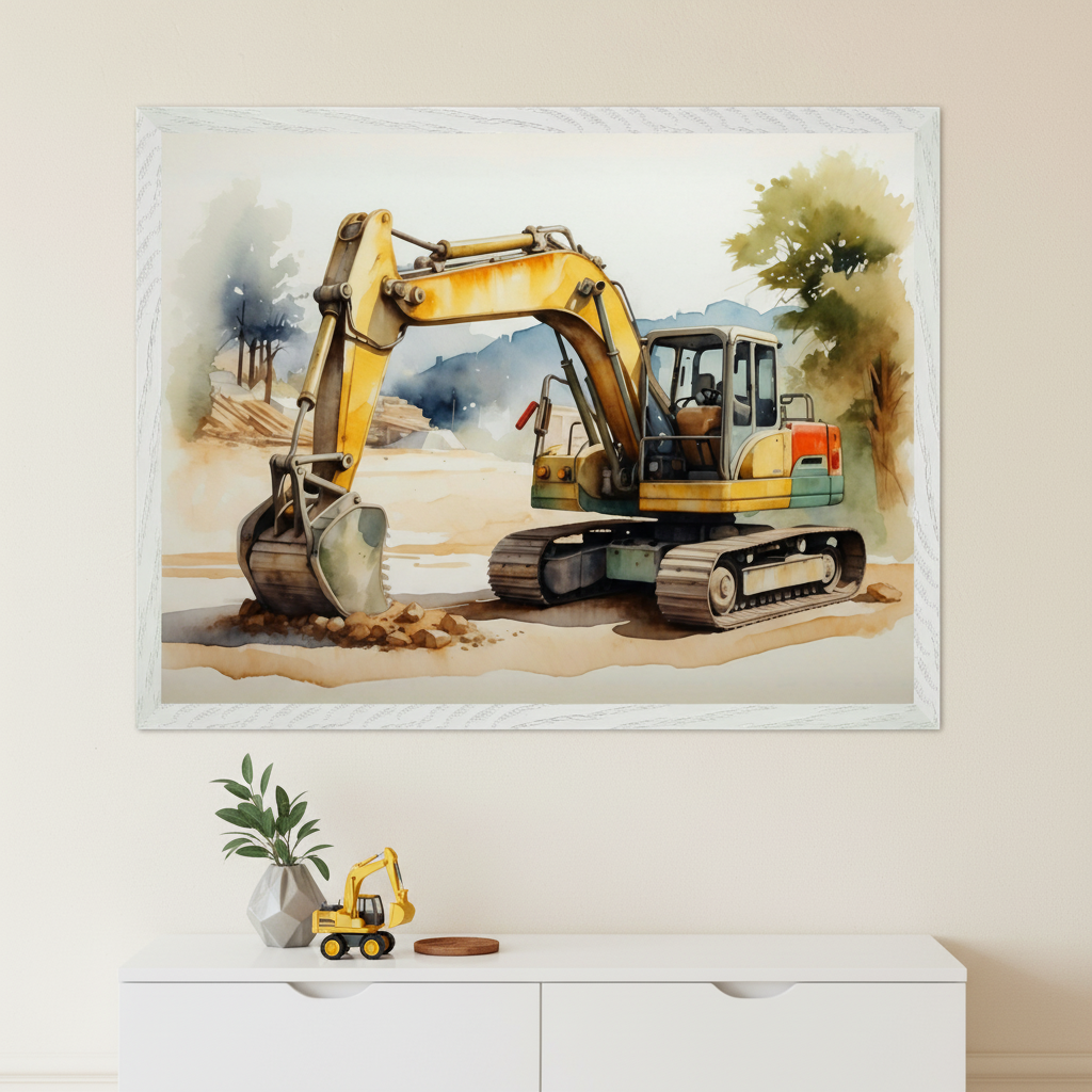 Modern room with a white dresser. A large framed watercolor of a yellow excavator at a construction site hangs centered above the dresser. A toy excavator and plant are on the dresser.