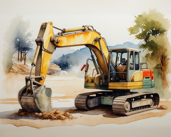 A colorful excavator with a yellow arm and orange accents is parked on a construction site, its bucket resting on a pile of dirt. The background features blurred trees and distant mountains under a clear sky.