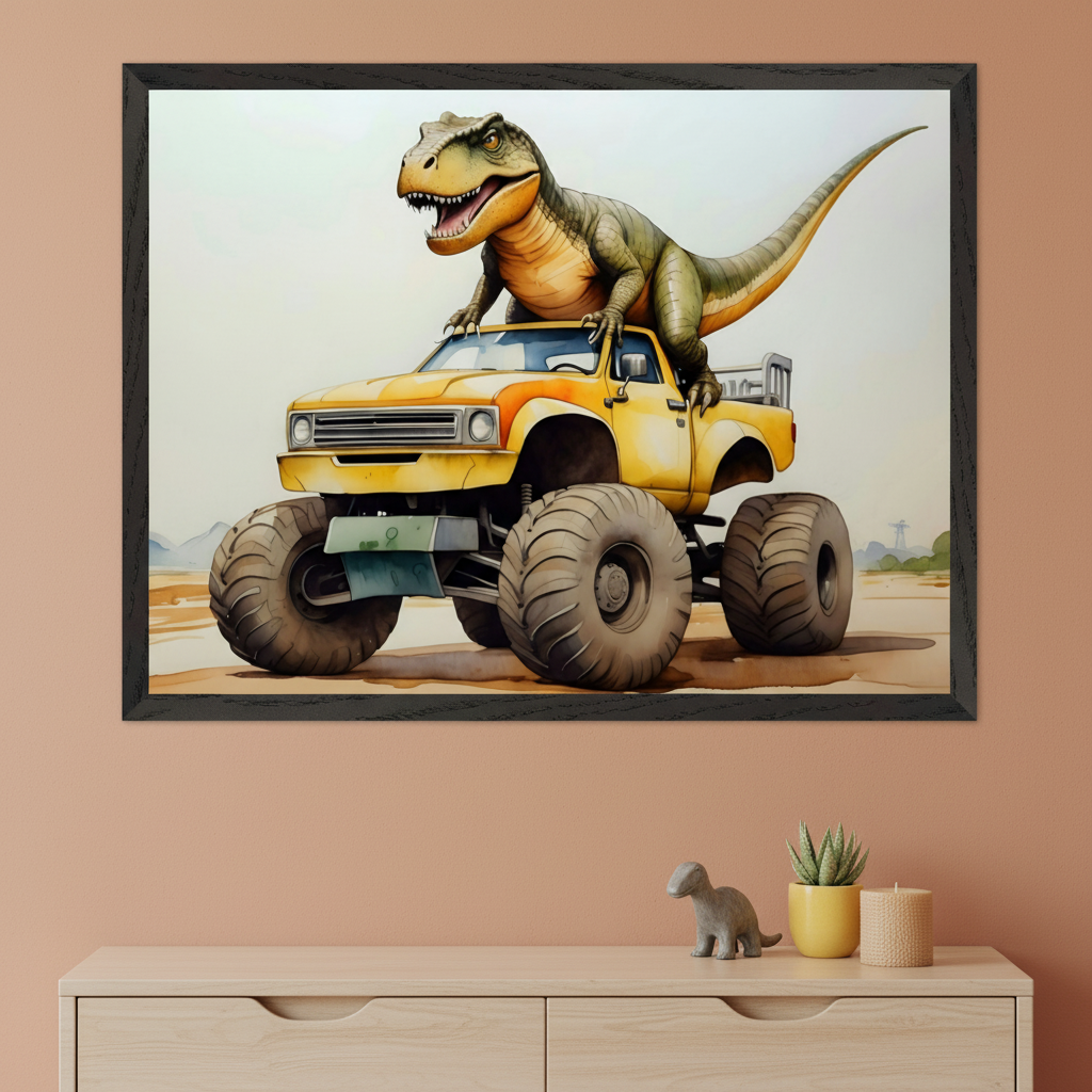 Modern room with a light wood dresser. Centered above is framed wall art: a watercolor of a green T-Rex standing on a yellow monster truck. A small dinosaur figurine, succulent, and candle sit on the dresser.