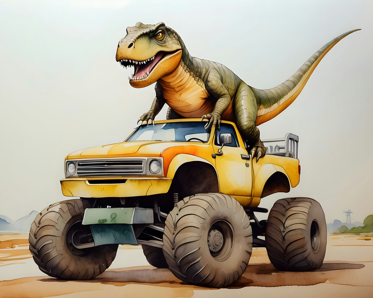 A cartoonish T-Rex sits atop a bright yellow monster truck with oversized tires, set against a barren landscape with distant hills.