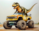 A cartoonish T-Rex sits atop a bright yellow monster truck with oversized tires, set against a barren landscape with distant hills.