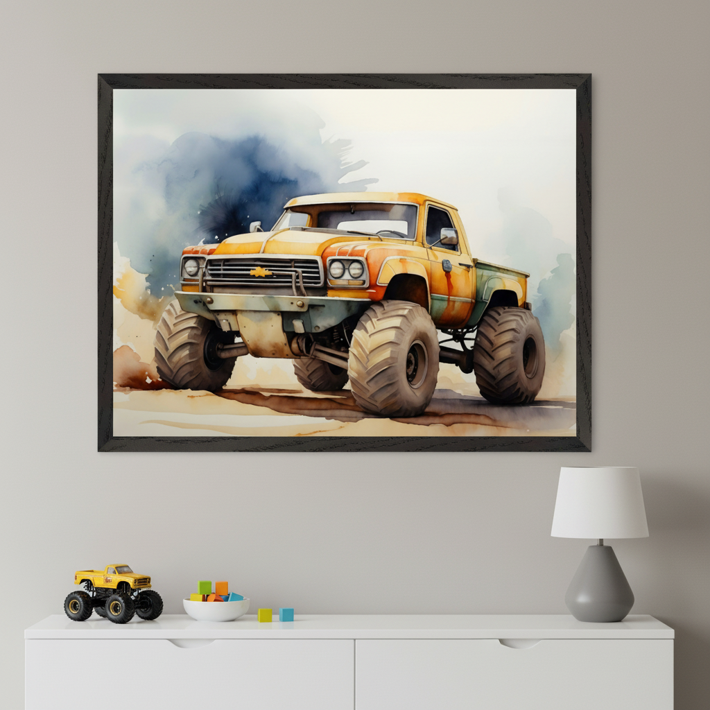 Modern kid's bedroom with a white dresser. A large black-framed watercolor painting of a yellow and orange monster truck driving through dust hangs above the dresser. A yellow toy monster truck, colorful blocks, and a gray lamp are on the dresser.