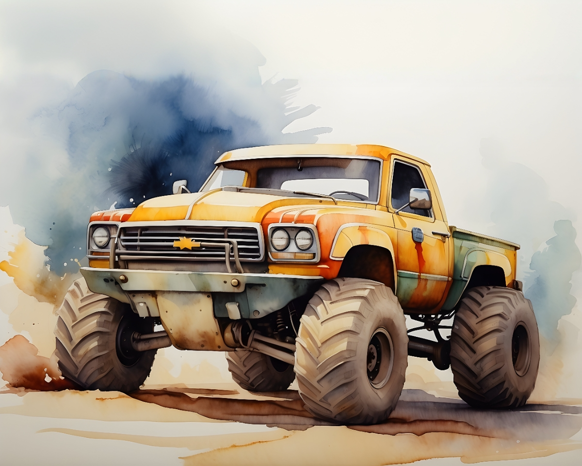 A vibrant watercolor illustration of a rugged monster truck with oversized tires, featuring a weathered orange and yellow paint job, parked on a sandy terrain.