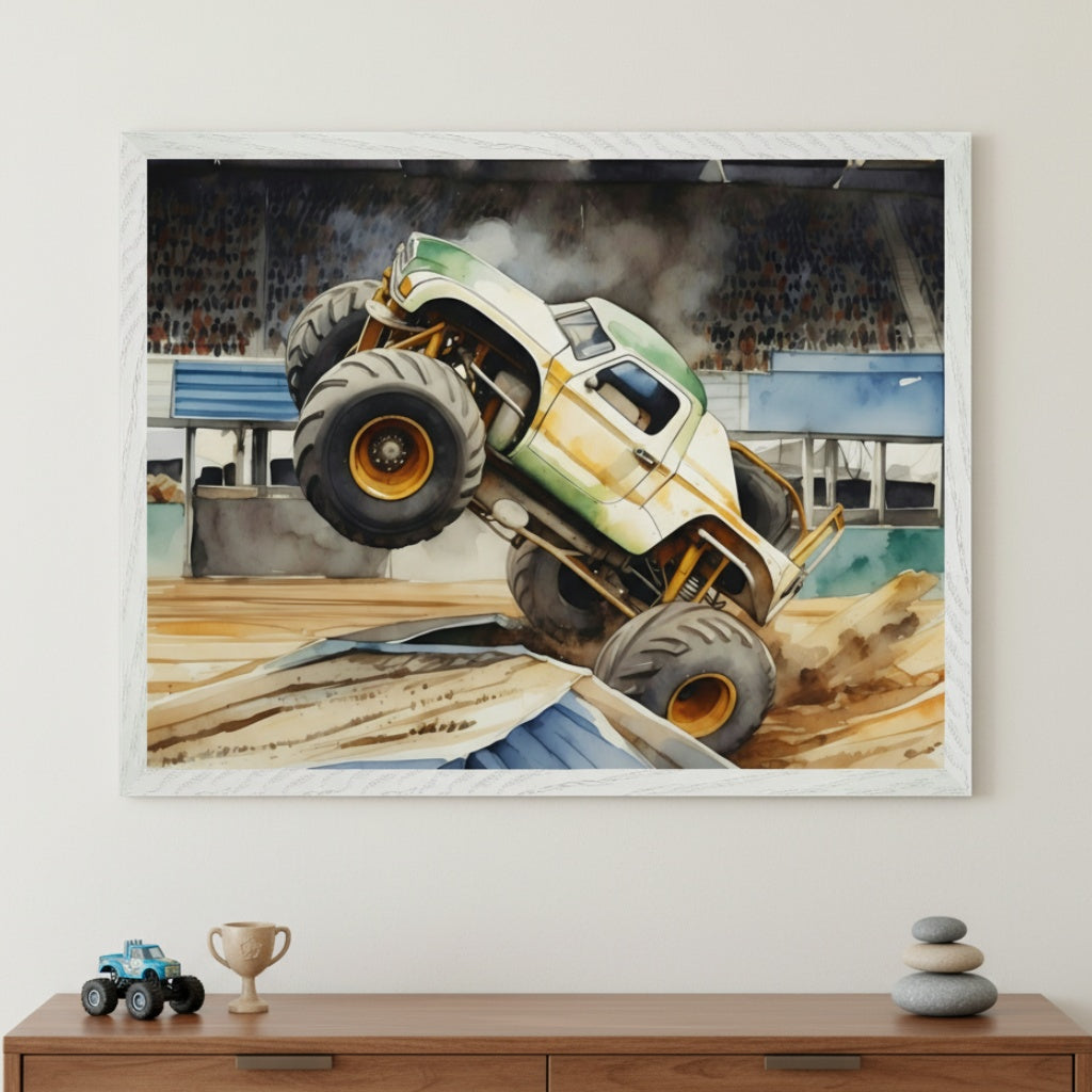 Kid's room featuring a wooden dresser with a toy monster truck, small trophy, and stacked rocks. Above the dresser hangs a framed watercolor painting depicting a white and green monster truck doing a wheelie over a ramp in a stadium.