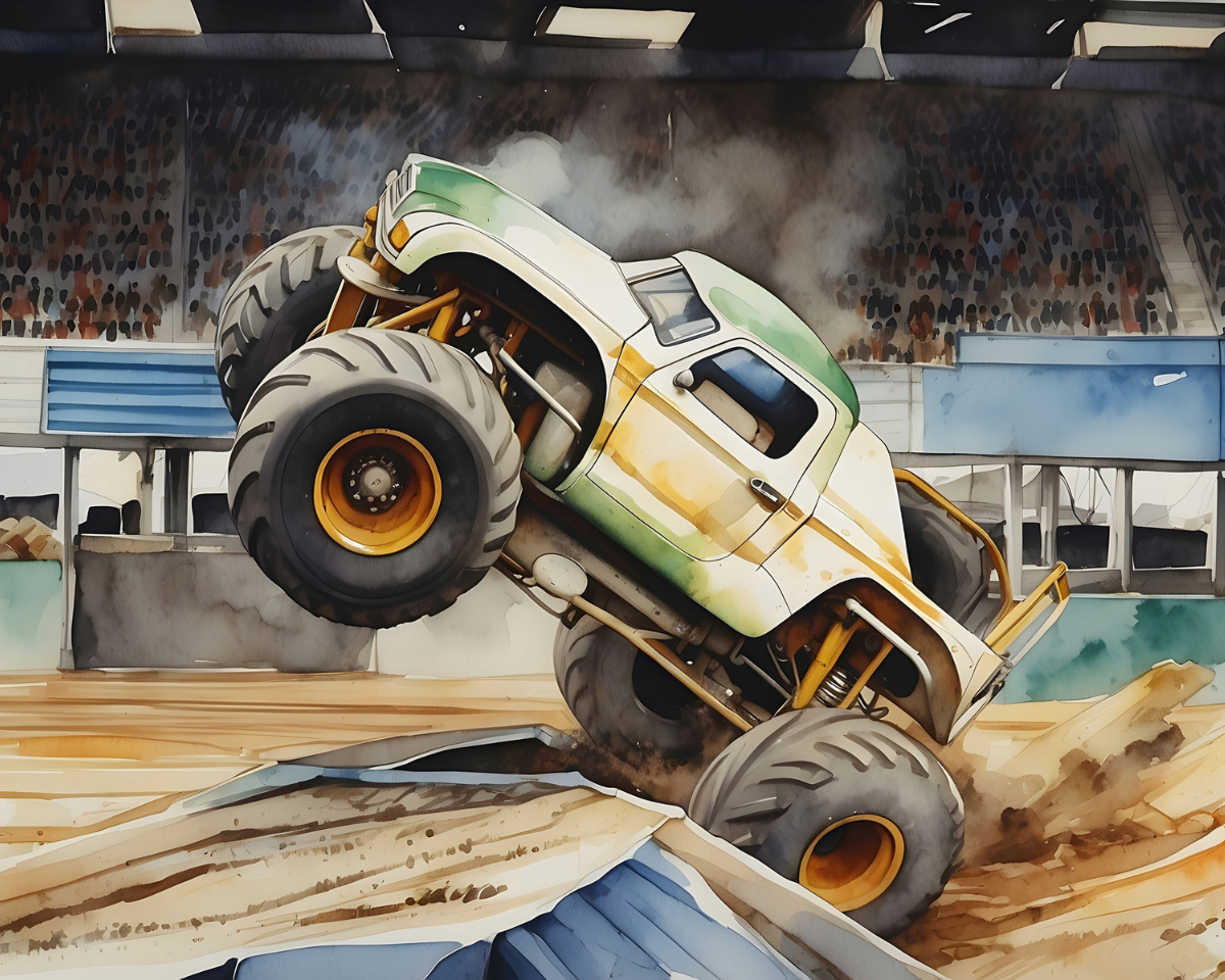 Monster Truck Stunt Wall Art for Nursery, Playroom or Kids Bedrooms - Action-Packed Arena Scene - Mighty Mud Hero