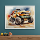 Kid's room with a wooden dresser against a teal wall. A white-framed watercolor print of a yellow and orange monster truck kicking up dust hangs centered above the dresser. A yellow ball, toy truck, and wooden blocks are on the dresser.