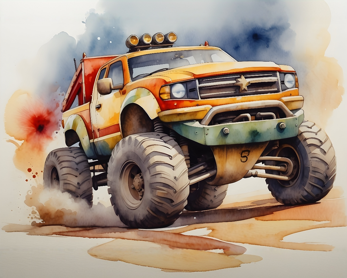 A vibrant illustration of a rugged, oversized monster truck with large tires, painted in a colorful mix of orange, yellow, and green. The truck is kicking up dust as it drives, set against a watercolor background with splashes of blue and red.