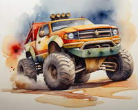 A vibrant illustration of a rugged, oversized monster truck with large tires, painted in a colorful mix of orange, yellow, and green. The truck is kicking up dust as it drives, set against a watercolor background with splashes of blue and red.