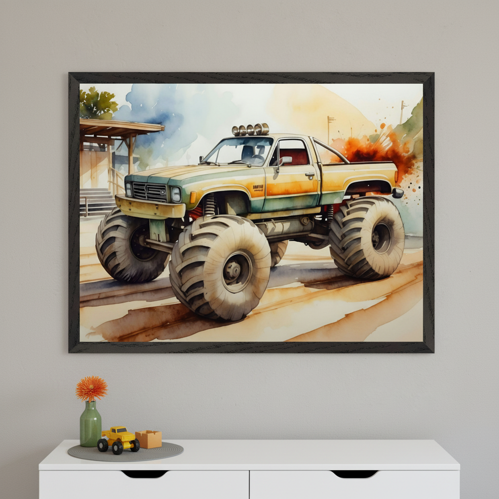 Modern kid's bedroom with a white dresser. A large framed watercolor print of a monster truck on a dirt road hangs centered above the dresser. A toy truck and flower are on the dresser.