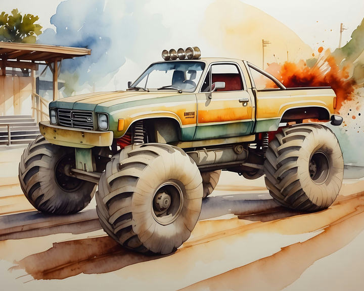 A vibrant watercolor illustration of a massive monster truck with oversized, rugged tires and a colorful, weathered body. The truck is parked near a wooden structure, with splashes of orange and blue suggesting movement or dust in the background.