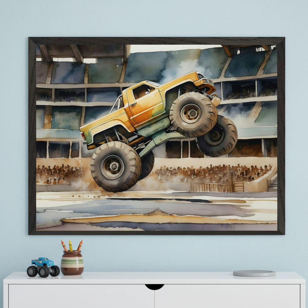 Kid's bedroom featuring a white dresser against a light blue wall. Above it hangs a large framed watercolor print of a yellow and green monster truck jumping in a stadium. On the dresser are a blue monster truck toy, a crayon holder, and a grey coaster.