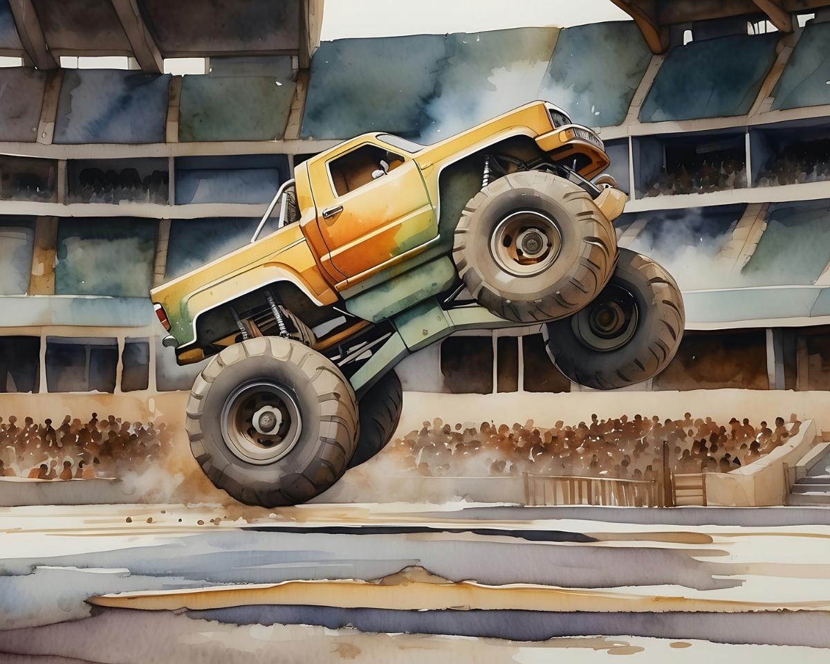 A vibrant monster truck with large, rugged tires performs a wheelie in an arena filled with spectators. The truck's orange and green paint gleams under the stadium lights, while a cloud of dust rises around it, adding to the excitement of the event.