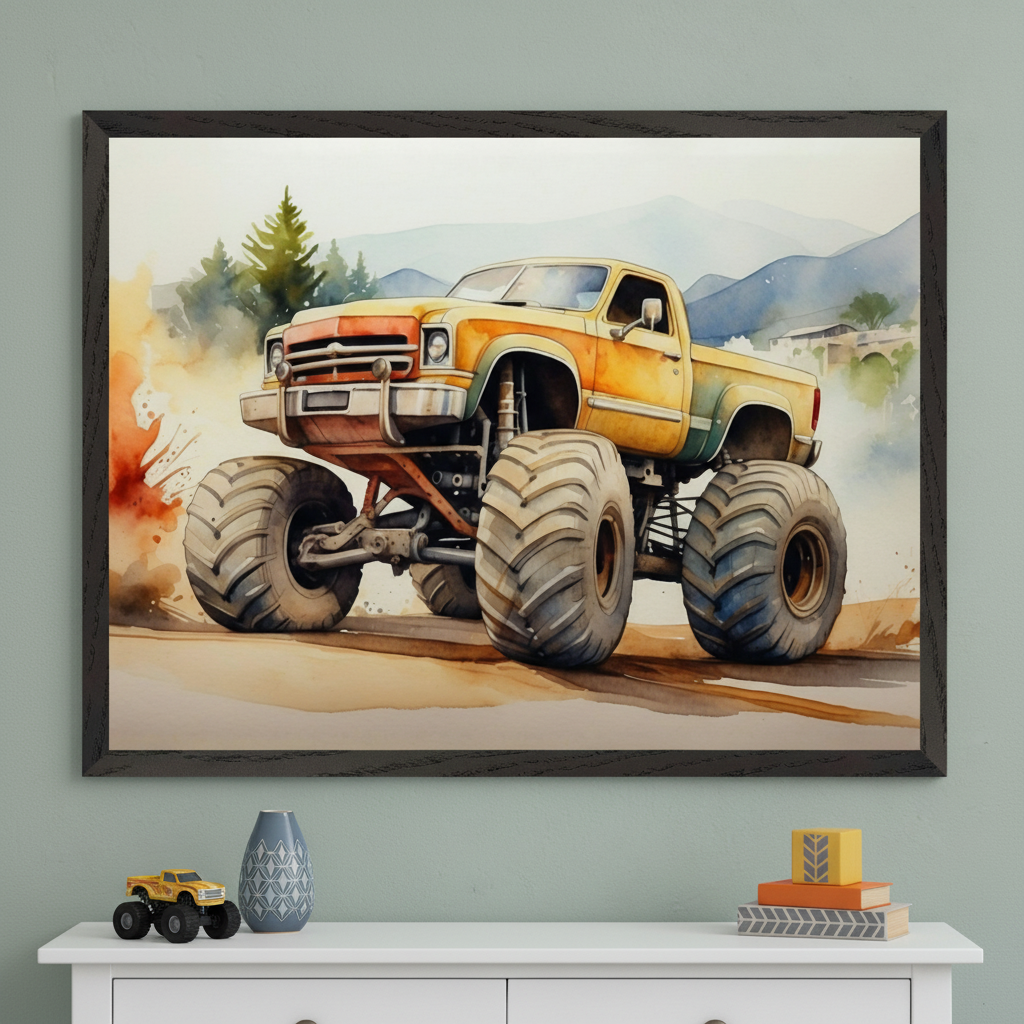 Kid's room with a light teal wall. A framed watercolor painting of a yellow and orange monster truck on a dirt road with mountains hangs above a white dresser. A toy monster truck, a gray vase, and stacked books sit on the dresser.