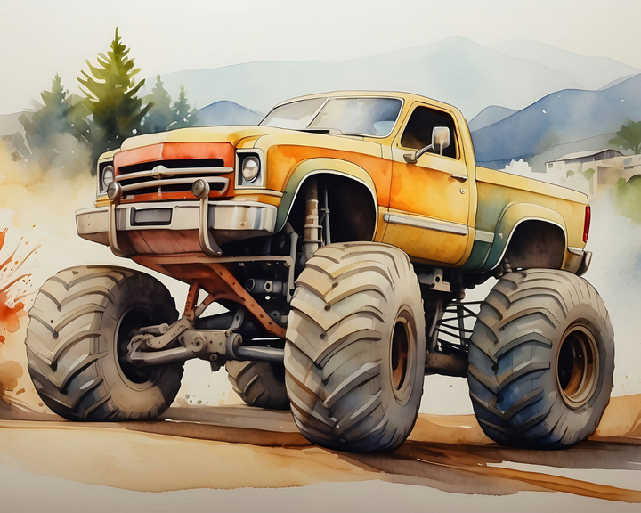 A colorful monster truck with massive tires kicks up dust on a rugged terrain, set against a backdrop of trees and distant mountains.