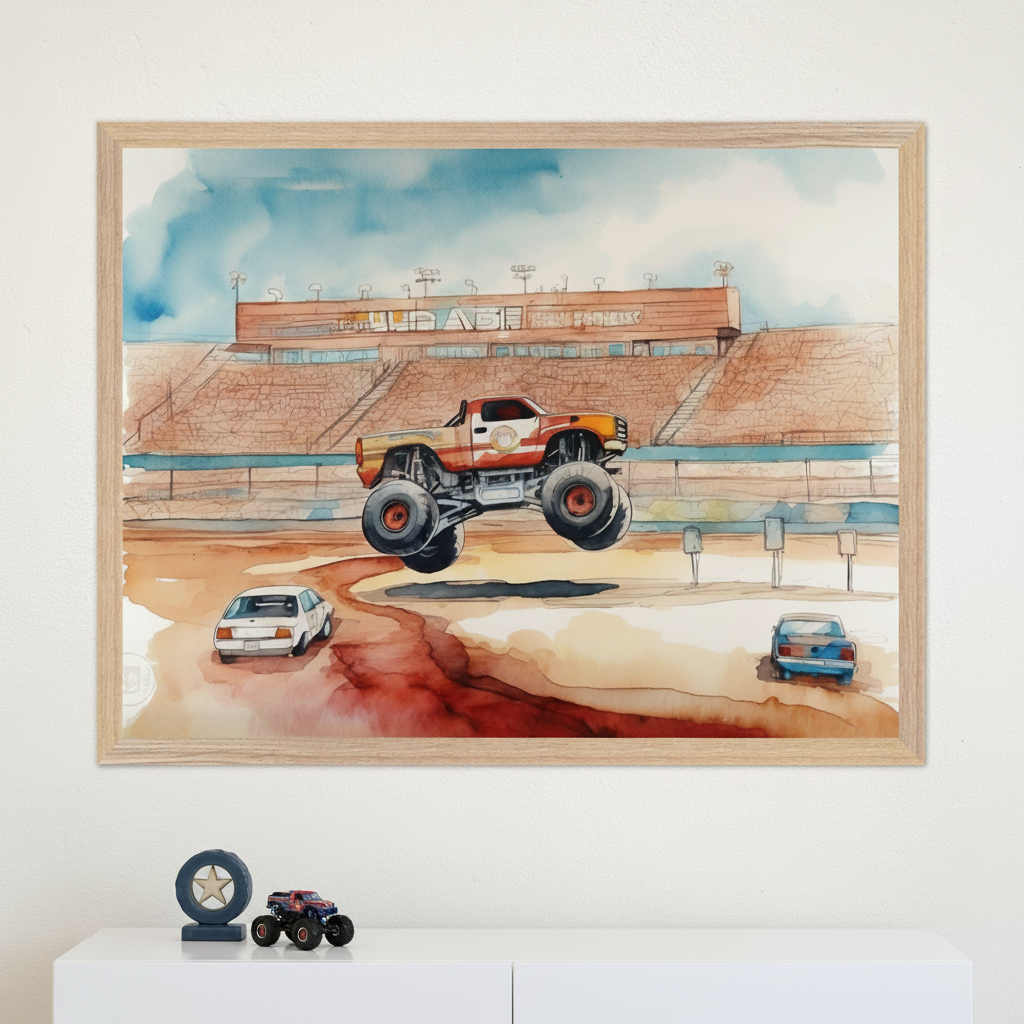 Modern room with a white dresser. A light wood-framed watercolor painting of an orange monster truck jumping over cars in a stadium hangs centered above the dresser. A toy monster truck and a tire trophy are on the dresser.