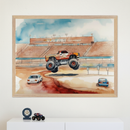 Modern room with a white dresser. A light wood-framed watercolor painting of an orange monster truck jumping over cars in a stadium hangs centered above the dresser. A toy monster truck and a tire trophy are on the dresser.