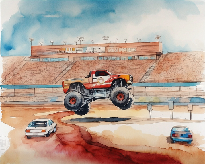 A vibrant illustration shows a monster truck with a red and white paint job performing a jump in a stadium. The truck is airborne above a dirt track, with two smaller cars parked nearby. The grandstand in the background is filled with empty seats under a clear blue sky.