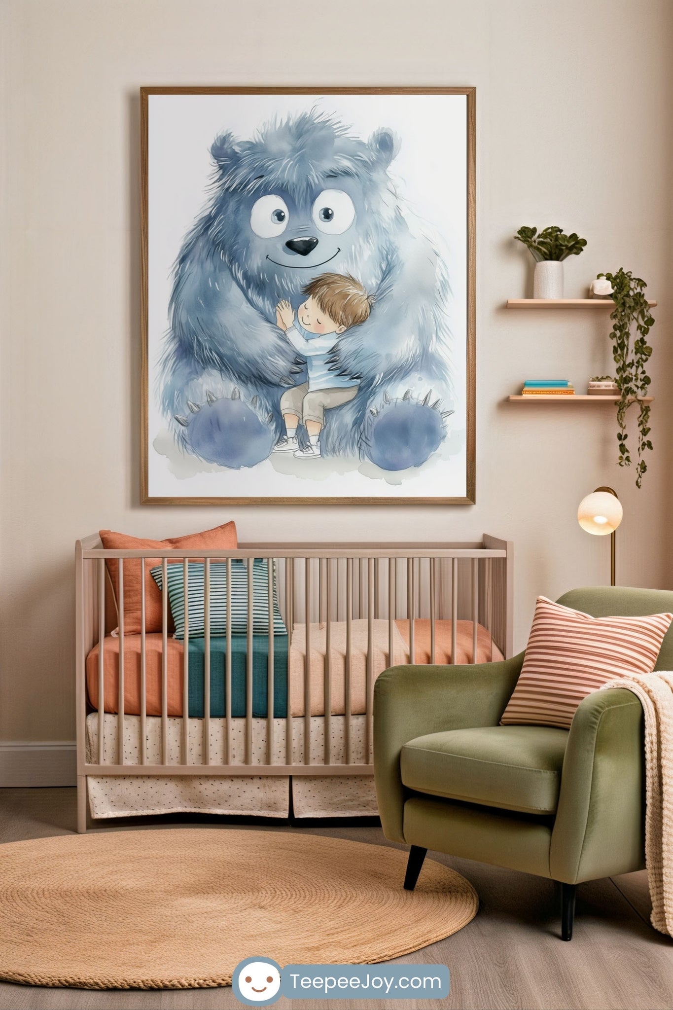A warm-toned nursery featuring a playful framed illustration of a fluffy blue monster hugging a smiling child. The room includes a neutral crib with coral and teal pillows, a soft round jute rug, and a cozy olive green armchair with a striped pillow.