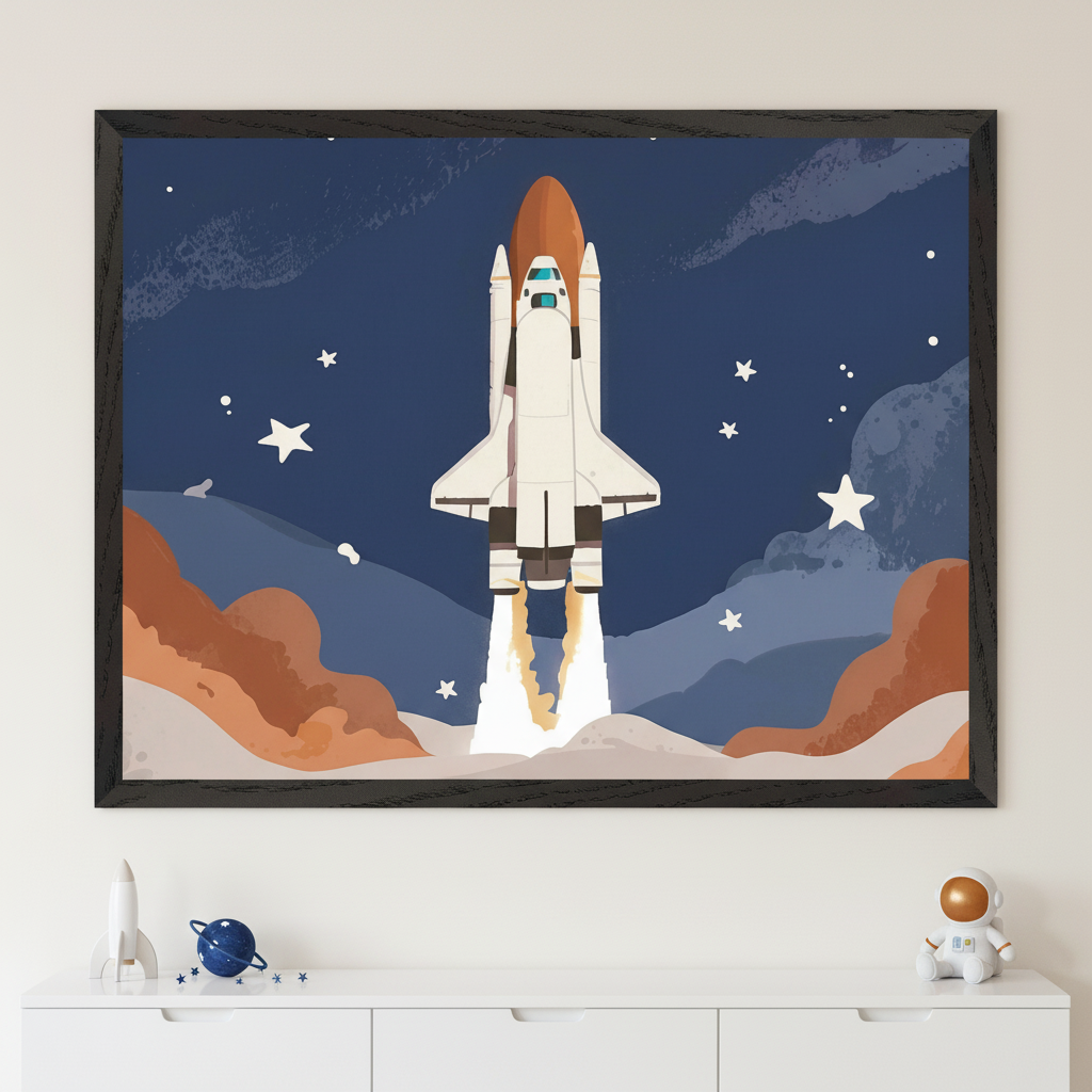 Modern kid's room with a white dresser. A large framed illustration of a space shuttle launching at night, with stars and abstract clouds, hangs above the dresser. A toy rocket, blue planet, and astronaut figurine are on the dresser.