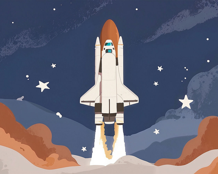 A space shuttle launches into a starry night sky, emitting bright flames from its engines. The scene is set against a backdrop of stylized stars and swirling clouds, with earthy tones of brown and blue in the foreground.
